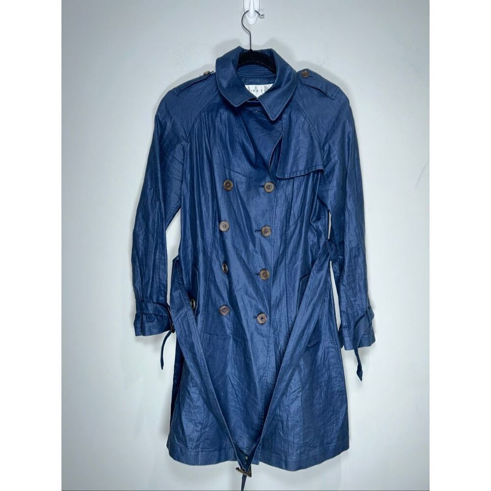 Trina Turk navy blue linen trench coat size 6